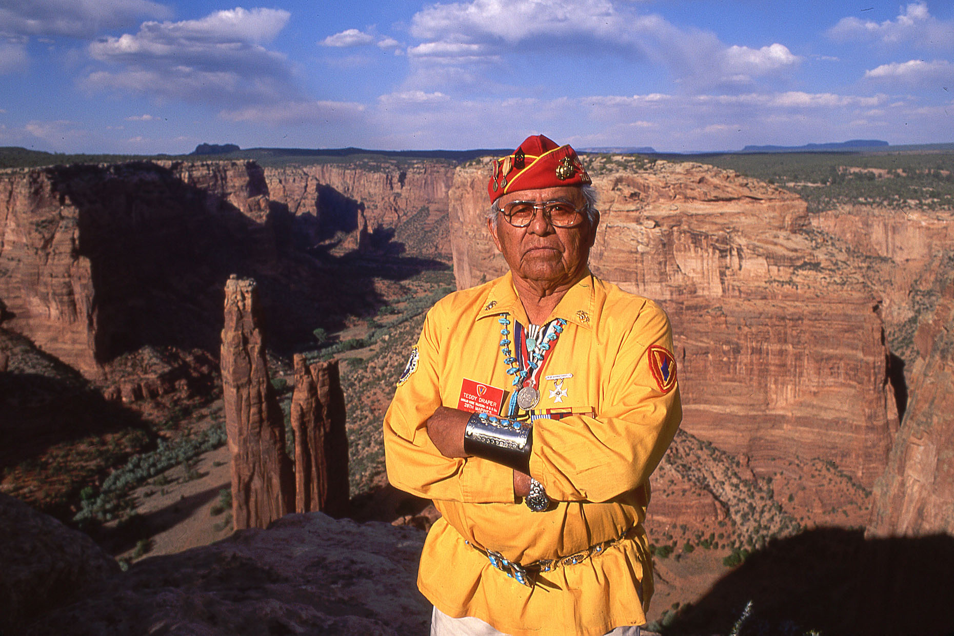 Navajo Code Talker Teddy Draper, Sr., John Annerino, Native American traditions, Spider Rock vista, Canyon de Chelly National Monument, AZ. U.S. Marine Corp Sergeant Major, Purple Heart, Congressional Silver Medal, Congressional Gold Medal, Battle of Iwo 